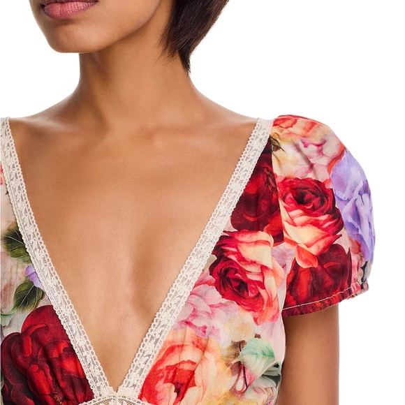 Alice + Olivia Lara Deep V Lace Trim Mini Dress — Multicolor Floral Size 4 NWT - Picture 6 of 13